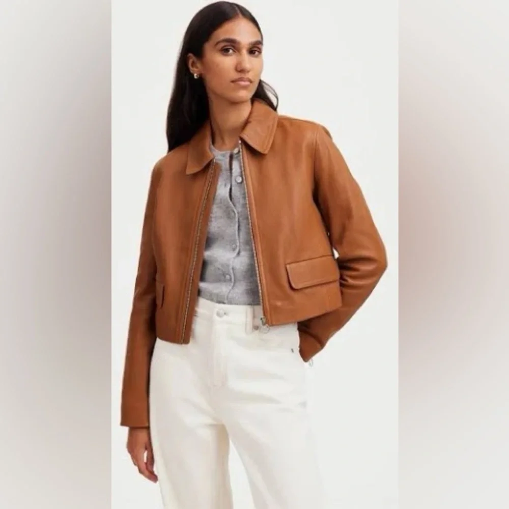 Madewell NWT shrunken zip-front leather jacket in cedar - Picture 1 of 11